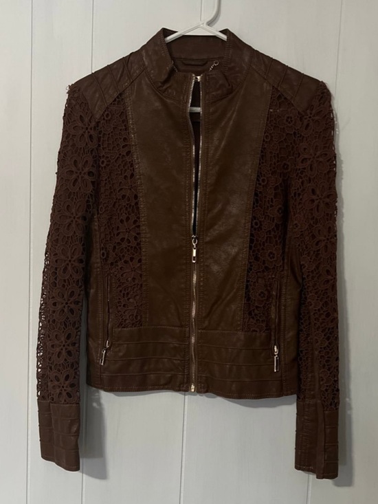La Coalition Jackets & Blazers - dark brown leather jacket with lace/ Brown Faux Leather Jacket with Lace Sleeves